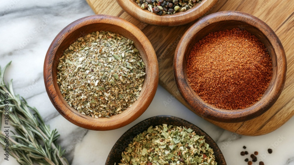 Overhead Shot of Assorted Spices in Wooden Bowls Overhead Shot of Assorted Spices in Wooden Bowls