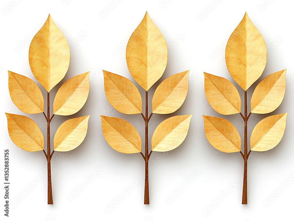 Naklejka premium Three stylized branches featuring light yellow leaves on white backdrop