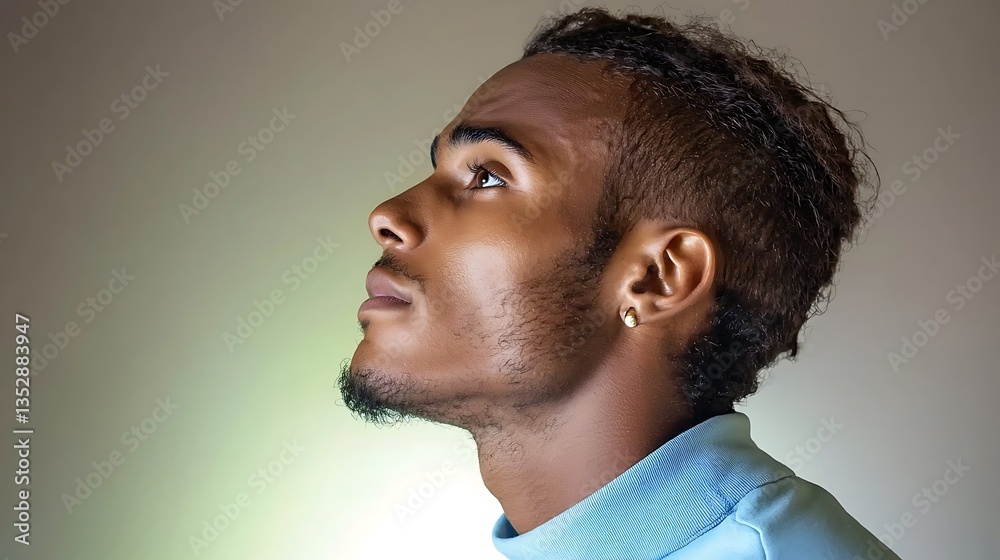 Obraz premium Person gazes upward; light illuminates features in profile, close-up detail shot