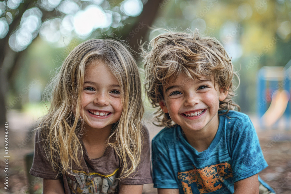 Two happy children with beaming smiles, enjoying a sunny day outdoors. Two happy children with beaming smiles, enjoying a sunny day outdoors.