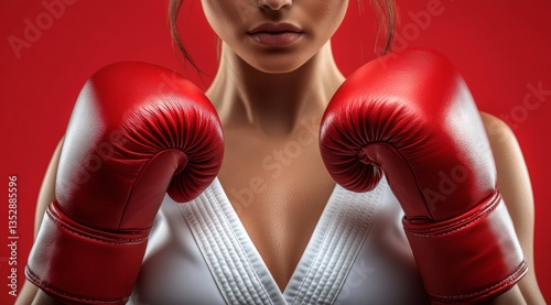 Red boxing gloves, martial arts displays fair skin and white uniform on a plain red background