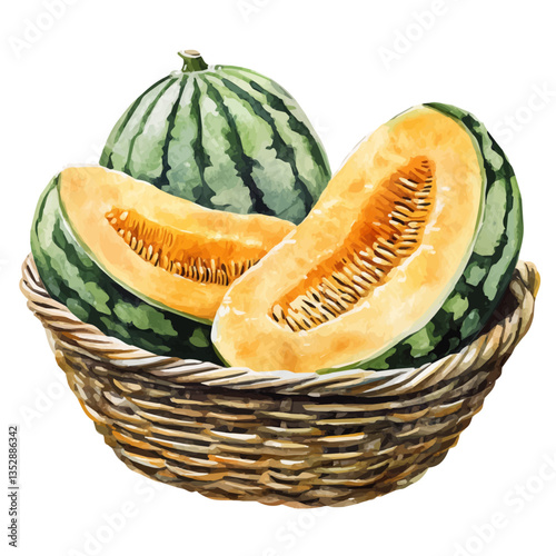 A watercolor vector painting of a Galia melon basket, isolated on a white background. Galia melon basket vector.


