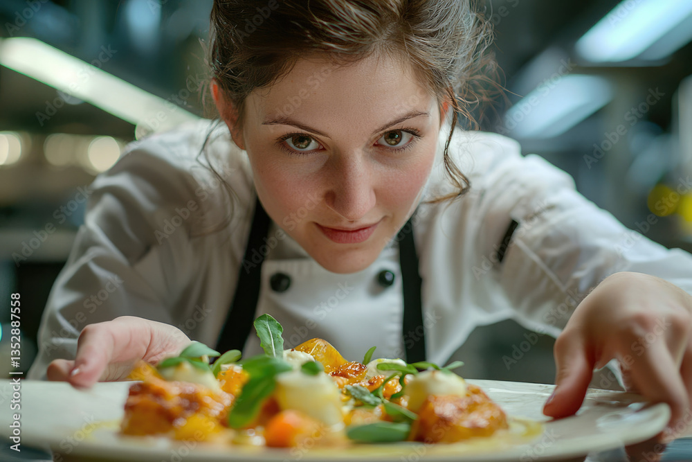 A female chef meticulously prepares and presents a gourmet dish, showcasing culinary expertise and attention to detail. A female chef meticulously prepares and presents a gourmet dish, showcasing culinary expertise and attention to detail.