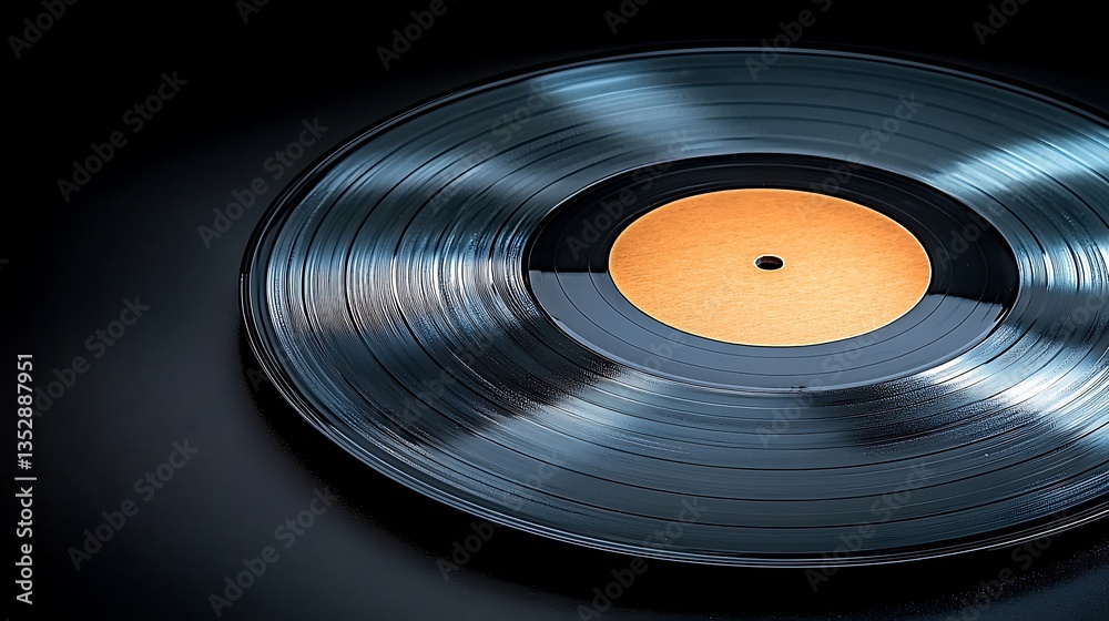 Obraz premium Record on black surface with gold center, showcasing grooves under soft lighting