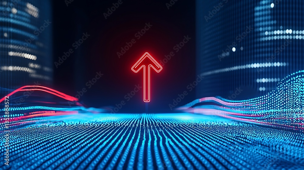 Fototapeta premium Red arrow pointing up with blue, red flowing lines; dark buildings background