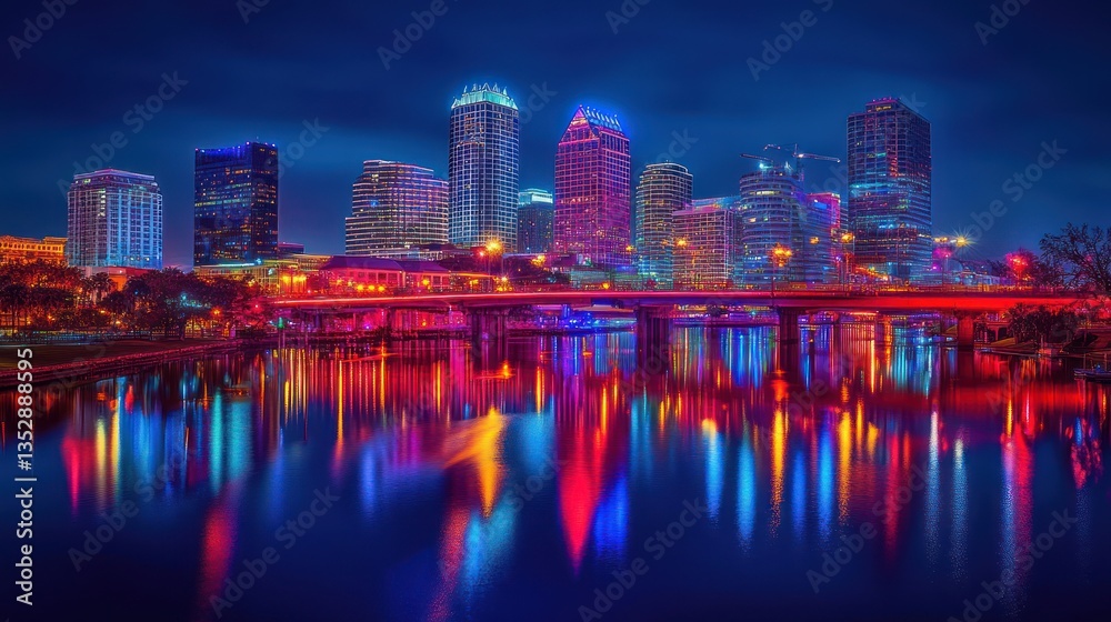 Fototapeta premium Cityscape, river reflection, vibrant nightlife, urban scene, night photography, colorful lights, advertising, website banner