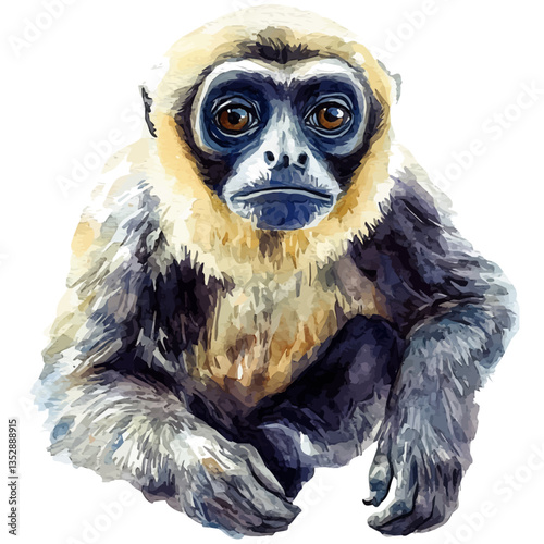 A watercolor vector painting of a gibbon, isolated on a white background. Gibbon vector.

