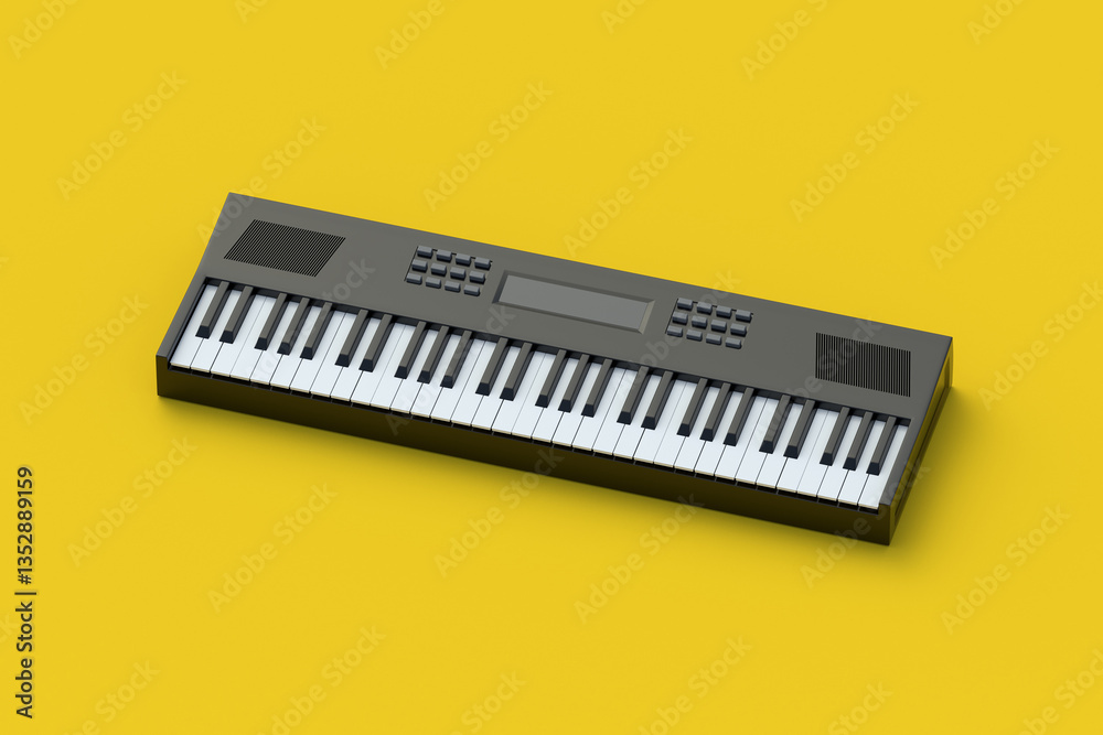 Synthesizer on yellow background. Keyboard musical instrument. Digital audio equipment. 3d render Synthesizer on yellow background. Keyboard musical instrument. Digital audio equipment. 3d render