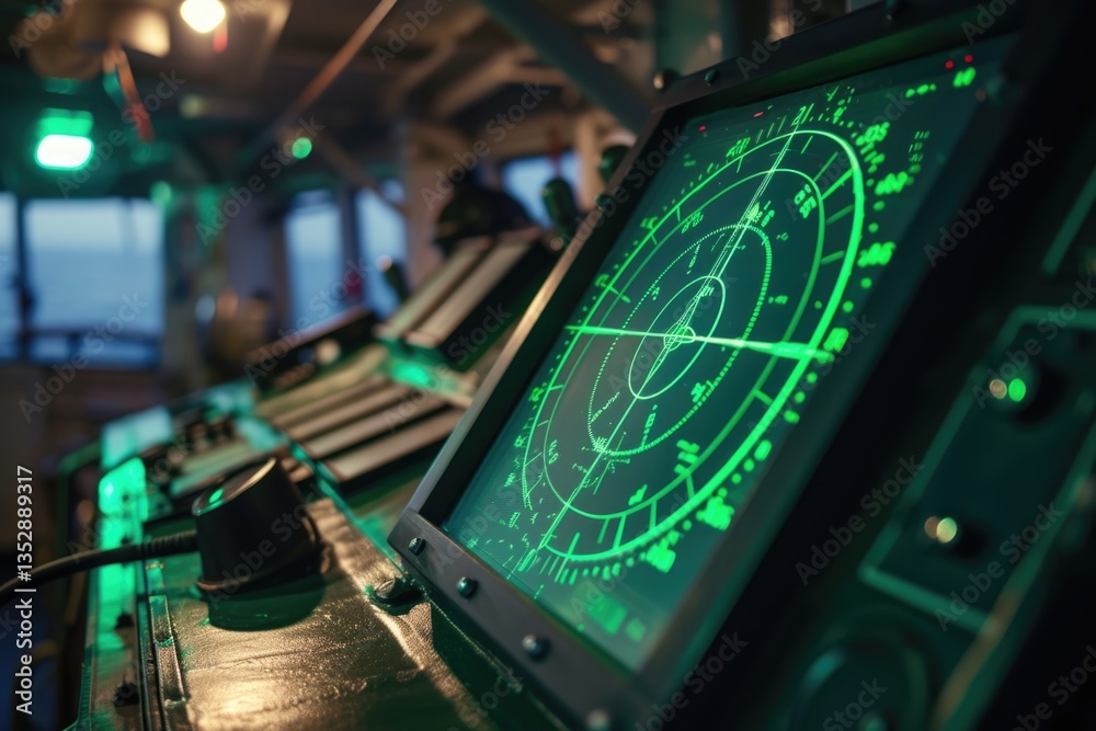 A ship's bridge radar display showing navigational data and surrounding environment.