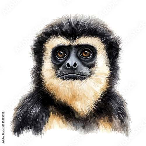 A watercolor vector painting of a gibbon, isolated on a white background. Gibbon vector.


