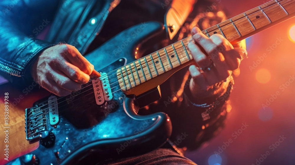 Obraz premium Guitarist playing electric guitar, colorful lights, and leather jacket