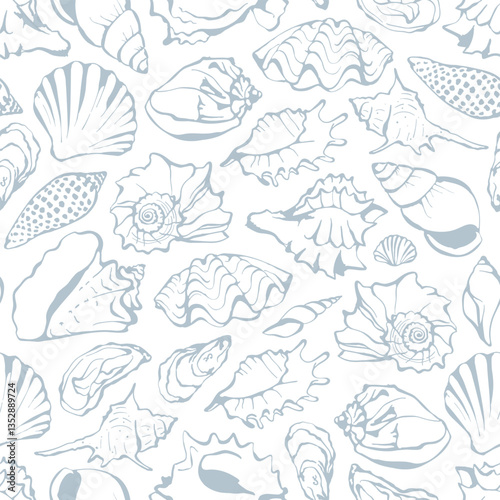 Seamless pattern with hand drawn sea shells in sketch style