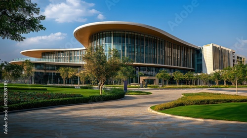 Modern campus building, sunny day, landscaped grounds, Dubai