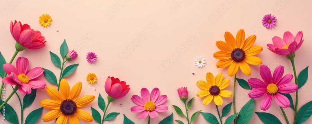 Brightly colored flat-lay flower icons, simple design, wallpaper Brightly colored flat-lay flower icons, simple design, wallpaper