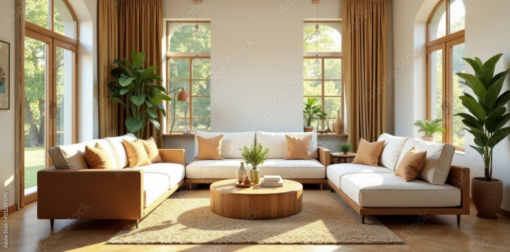 Fototapeta premium Brown & white sofas, hanging swings, bright living room, airy, light, house
