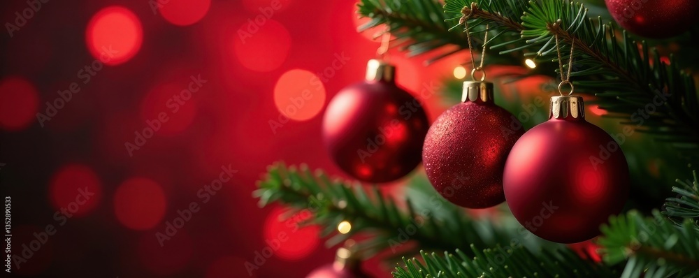 Naklejka premium Classic Christmas tree, red bokeh, hanging ornaments , celebration, holiday background