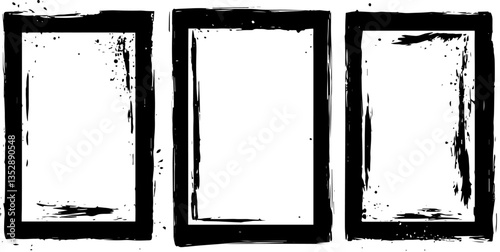 Three black and white grunge frames with distressed borders, ideal for graphic design and photo overlays.