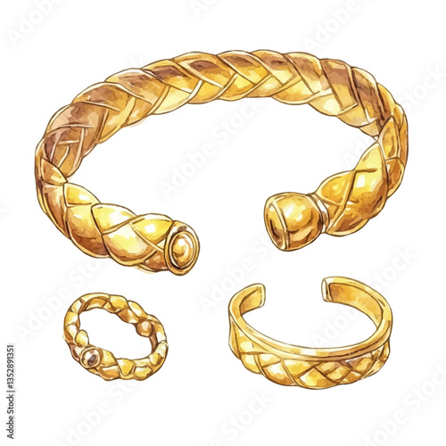 A watercolor vector painting of a golden bracelet and ring set, isolated on a white background. Golden bracelet and ring set vector.


