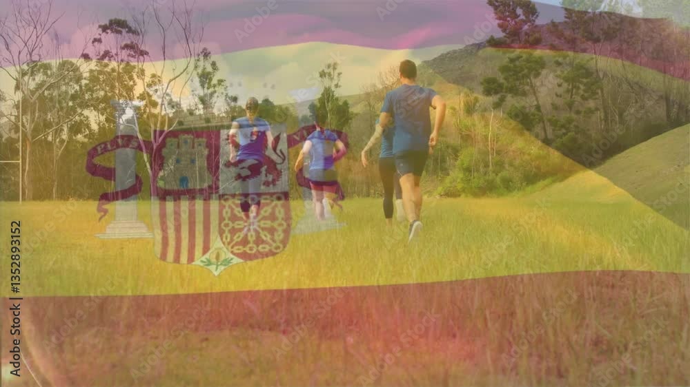 Running in grassy field, people with Spanish flag animation, countryside background Running in grassy field, people with Spanish flag animation, countryside background