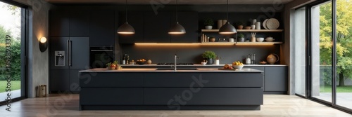 Wallpaper Mural Black kitchen island, pendant lights, open shelving, lights, lines Torontodigital.ca