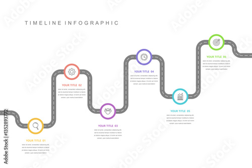 Business road map timeline infographic concept. with icons and 6 options, Corporate milestones graphic elements. workflow layout, diagram, report, web design. Creative, vector