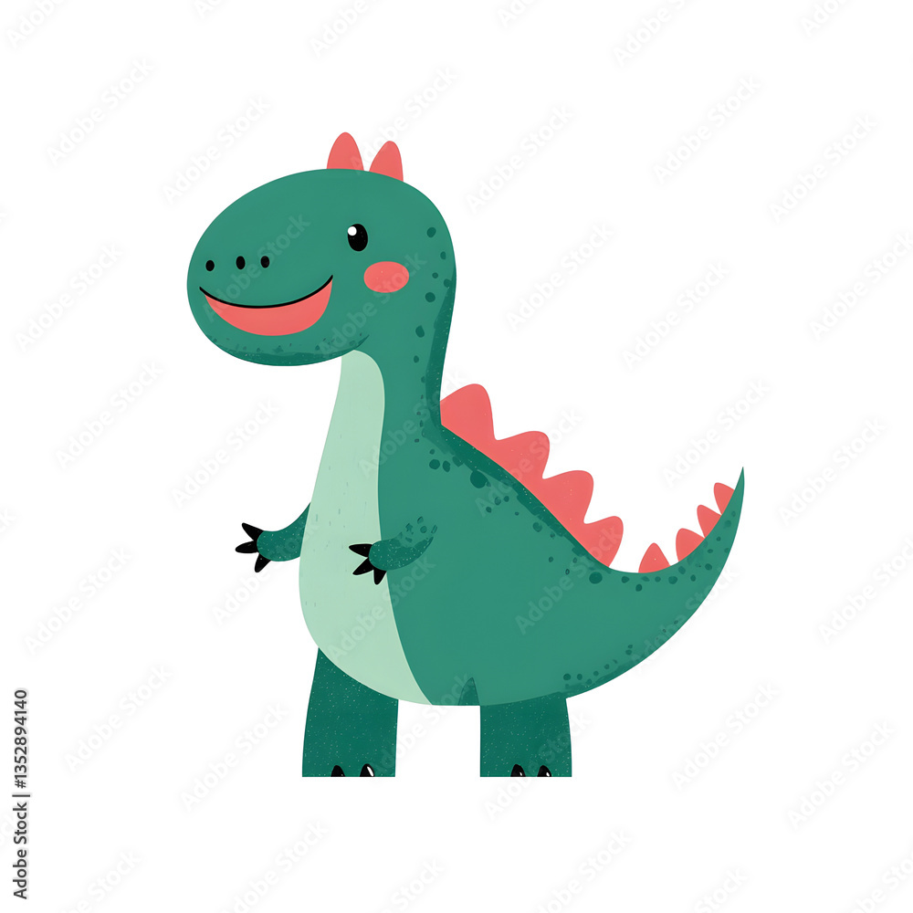 Fototapeta premium A cute cartoon dinosaur with teal skin, a pink belly, and pink spines down its back. It has a friendly expression 