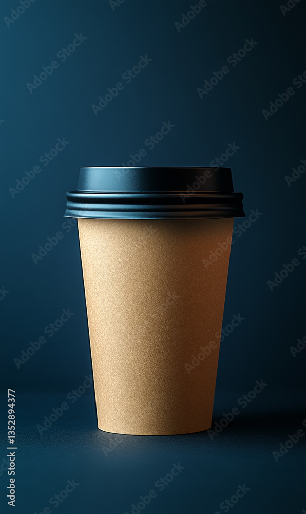 Coffee cup on a dark background. A brown disposable coffee cup stands alone against a dark blue background, highlighting its simple design. Coffee cup on a dark background. A brown disposable coffee cup stands alone against a dark blue background, highlighting its simple design.