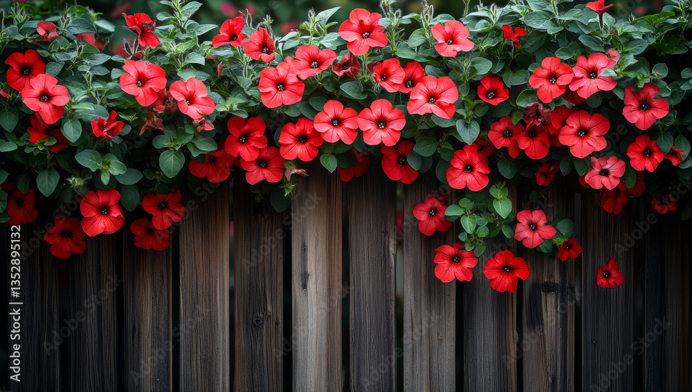 Fototapeta premium Red flowers over the fence. Bright red flowers bloom abundantly over a rustic wooden fence, creating a stunning natural display in the garden.