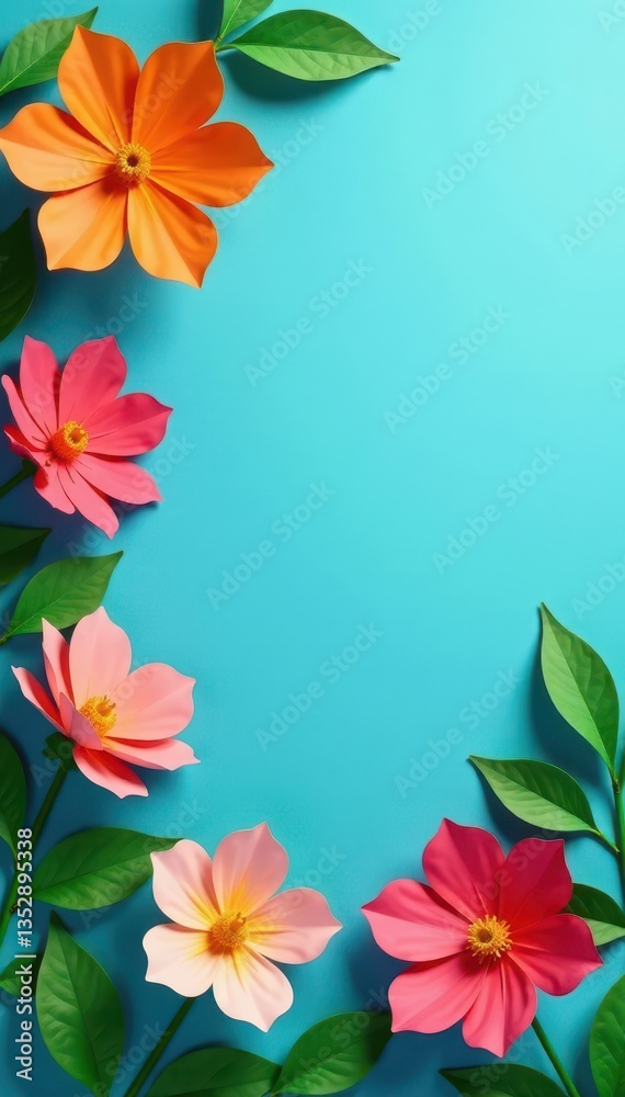 Fototapeta premium Overhead vibrant paper flowers, green leaves, blue backdrop, vibrant, art