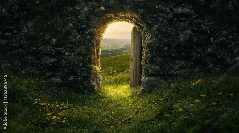 Obraz premium Ancient Stone Wall Doorway to Green Valley Sunset.