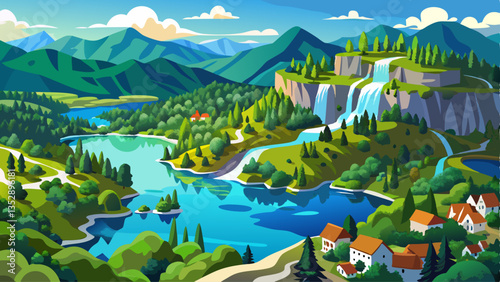 Plitvice lakes national park upper and lower lakes aerial panoramic view