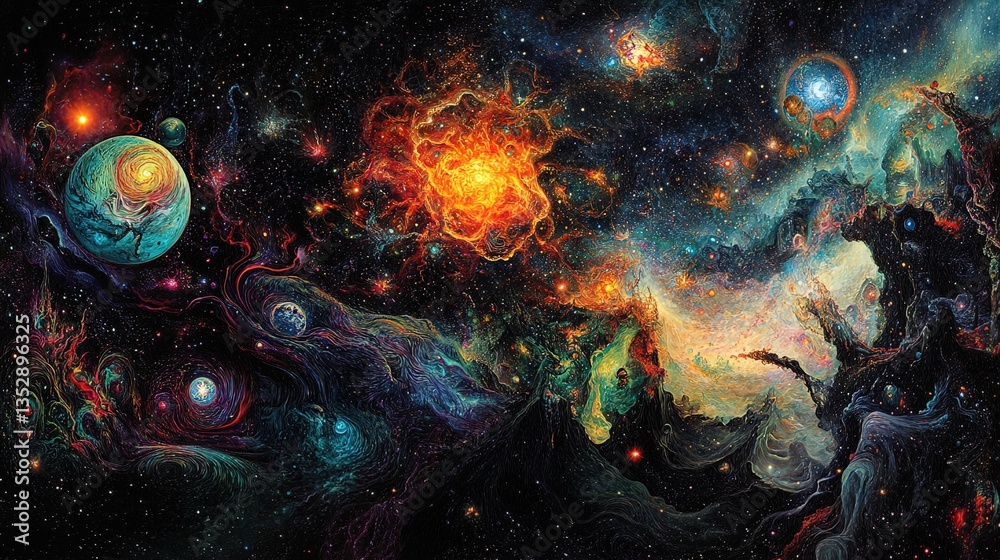 Obraz premium A vivid and colorful cosmic landscape depicting a swirling galaxy with multiple planets, vibrant nebulae, and radiant stars. The artwork captures a dynamic interplay of colors ranging from deep blues 