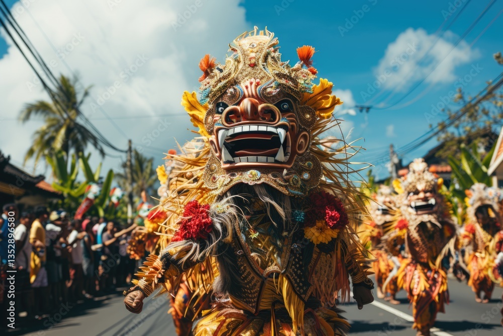 Fototapeta premium A vibrant Balinese Barong dance parade showcasing ornate masks and traditional costumes under a sunny sky.