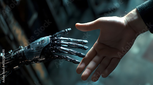 A human hand extending towards a metallic robot hand, almost touching. Concept for artificial intelligence