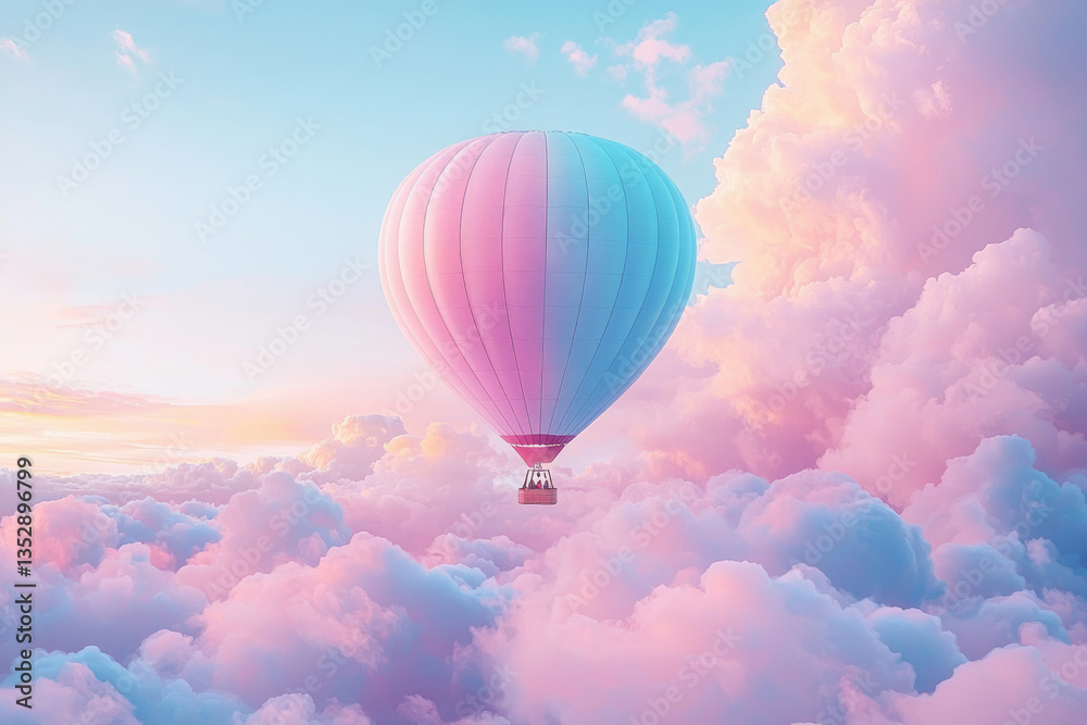 Obraz premium A pastel-colored hot air balloon floats serenely amidst dreamy pink and blue clouds.