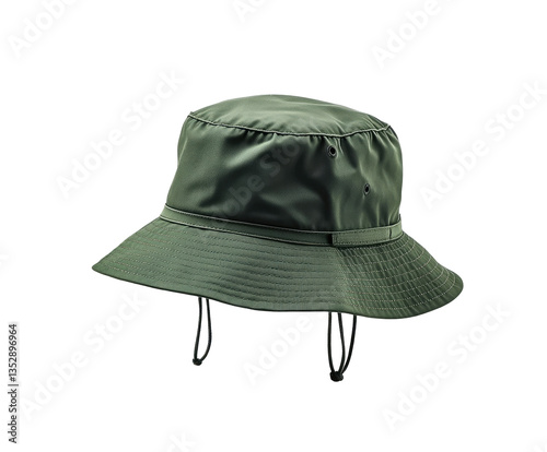 Olive green bucket hat.  Durable, lightweight, and waterproof. Adjustable strings for a customized fit.  Perfect for outdoor activities