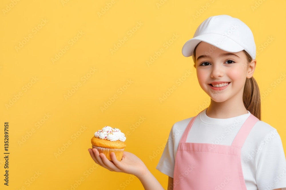 Smiling girl holds a cupcake with white frosting and sprinkles Smiling girl holds a cupcake with white frosting and sprinkles