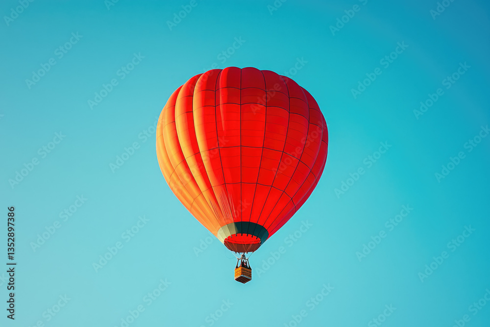 Fototapeta premium A vibrant red hot air balloon ascends against a clear blue sky, a breathtaking sight of adventure and freedom.