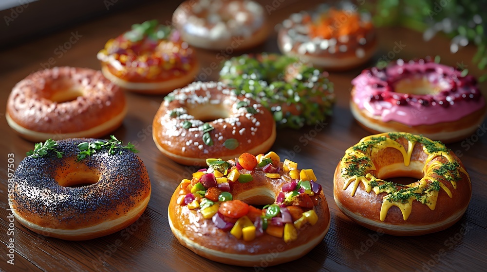 A variety of delicious bagels topped with colorful vegetables and cheese image A variety of delicious bagels topped with colorful vegetables and cheese image