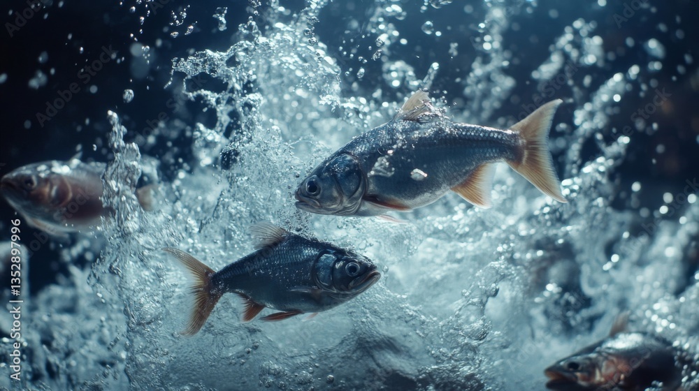 Fototapeta premium Fish Leaping From Water Splashing Dark Blue Background