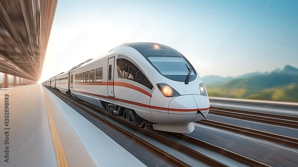 Naklejka premium Sleek, modern train zooms past a platform with mountains blurred in the distance