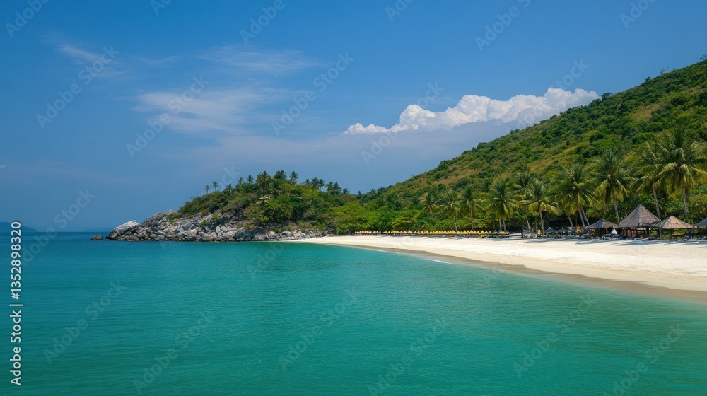 Pristine tropical beach scene. Lush greenery meets turquoise water, with a soft focus creating a serene ambiance Pristine tropical beach scene. Lush greenery meets turquoise water, with a soft focus creating a serene ambiance