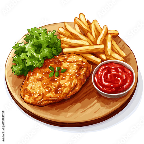 Vector Milanesa with French Fries on Wooden Plate