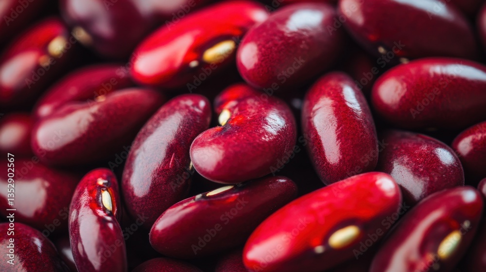A close up view shows many shiny red kidney beans A close up view shows many shiny red kidney beans