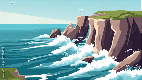 Crashing Waves Against Rugged Coastal Cliffs  .eps