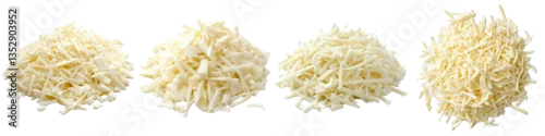 Panel kuchenny z motywem Four heaps of shredded mozzarella cheese ready for cooking, showcasing its creamy texture and culinary versatility.