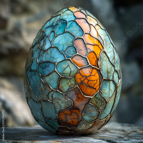 Intricate dragon egg reveals artistic splendor through a mesmerizing blend of aquamarine, amber, and earthy tones in a hyper-realistic portrayal
