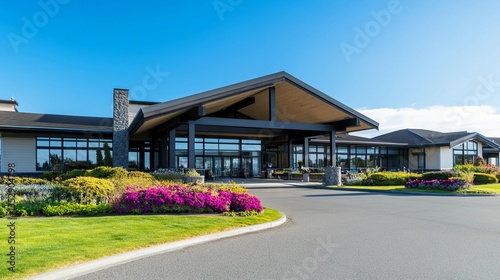 Modern Retirement Home Building with Large Glass Windows and Landscaped Garden Under a Clear Blue Sky