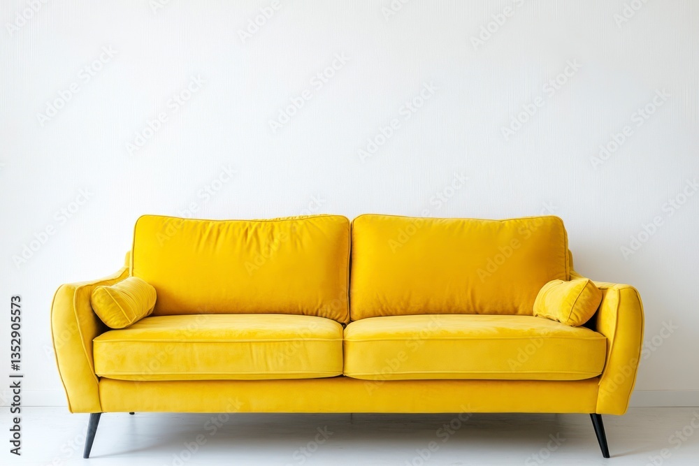 Obraz premium Stylish Yellow Velvet Couch Against White Wall for Modern Interior Decor