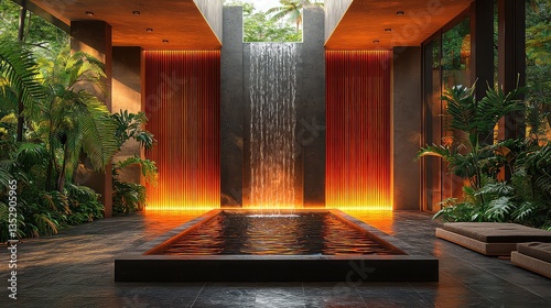 Tranquil indoor pool with waterfall, tropical plants, and modern architecture; ideal for luxury resort or spa marketing